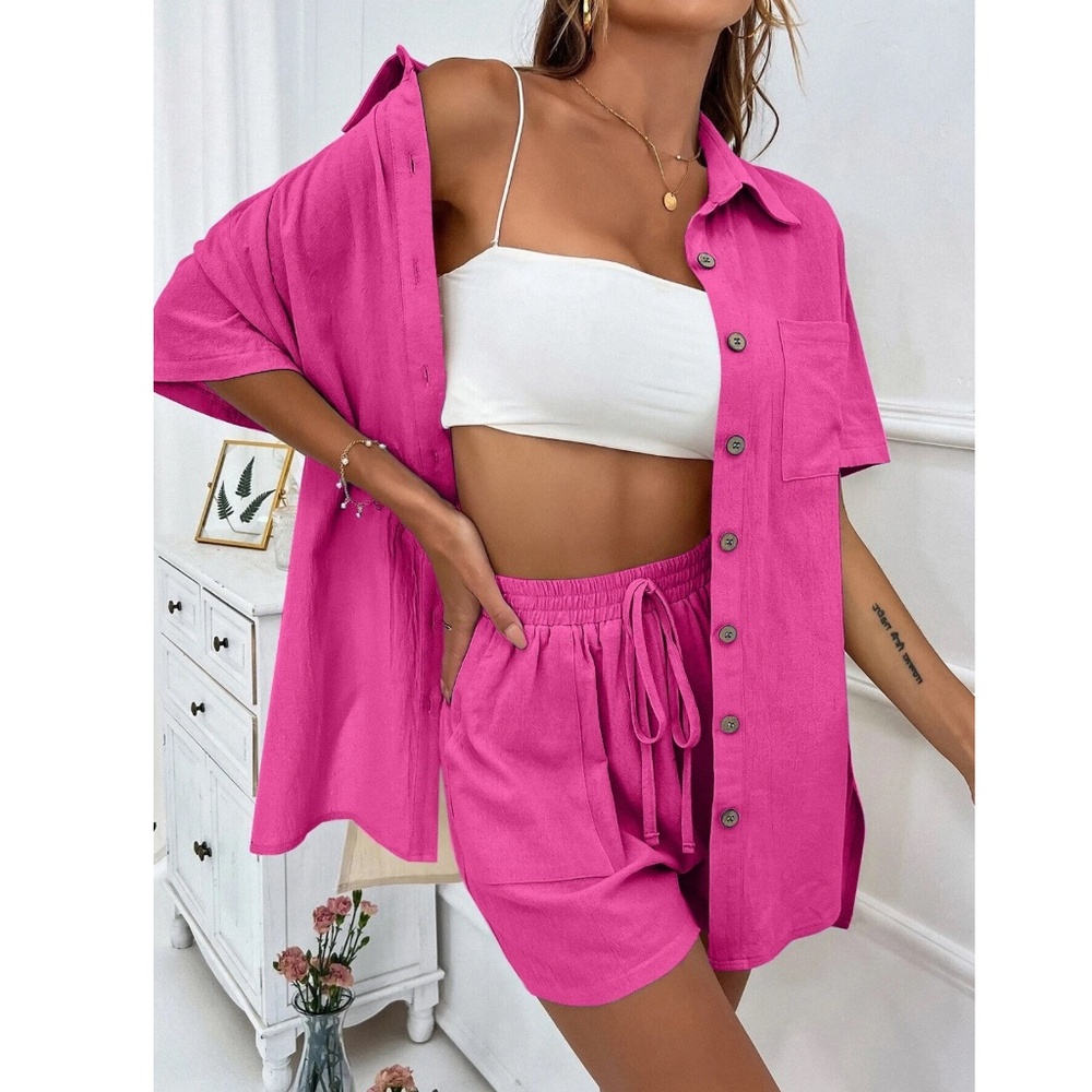 2 Piece Set: Hot Pink Button Up Down Shirt and Shorts - Picture 3 of 7